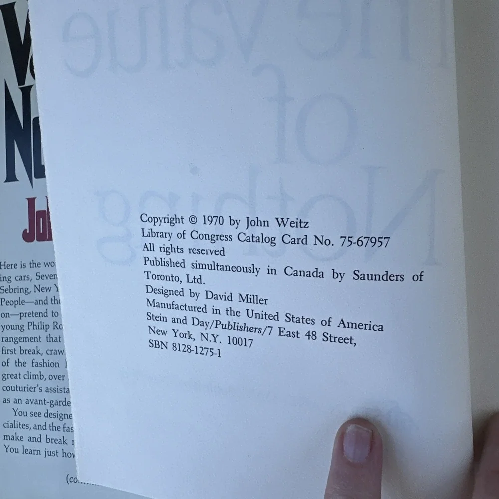 John Weitz The Value Of Nothing‎ 1970 HCDJ Stein & Day